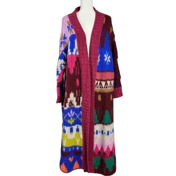 Free People Folk Song Maxi Cardi Small NWT Oversized Sweater Cardigan Fair Isle - Picture 8 of 13